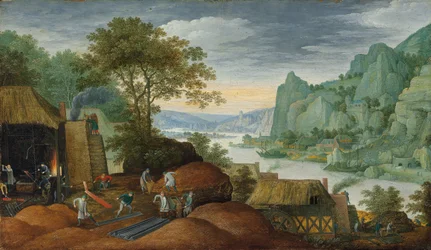 Uma paisagem rochosa com figuras de uma fundição de ferro, um rio e casas na margem além