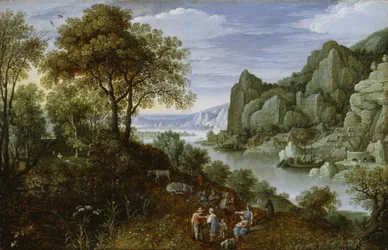 Paisagem do rio com mineração, 1620-29