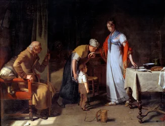 Uma jovem mulher ajudando uma família infeliz Pintura de Martin Drolling (1752-1817) Caen do século XIX, Musee des Beaux Arts