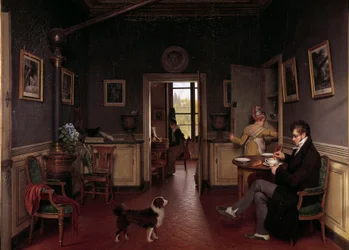 Vista interior de uma sala de jantar em 1815. Um homem de chinelos toma o pequeno-almoço perante os olhos do cão.