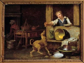 Interior da cozinha Um jovem criado dá ao cão os restos. Pintura de Martin Drolling (1752-1817), Orleans do século XIX, Museu de Belas Artes
