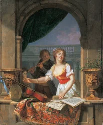 Uma jovem tocando violão em um caixão de pedra e um garoto tocando flauta além, 1796-97