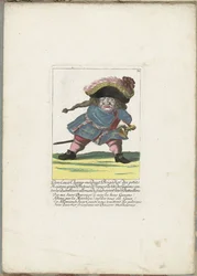 De Franse dwerg Don Luis Champ-merdant, ca. 1710
Don Luis Champ-merdant, Brigadeiro des petits Maistres, grande Breteur de France, liderando os Gascons contra os Querelleurs alemães, atacando os seus Battaillons (título sobre o objecto)
Il Callotto resur