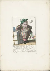O dwerg Dan Hagel como um barqueiro holandês, por volta de 1710 Dan Hagel, barqueiro batavo e mestre redobrado da batalha de corte comum com a lâmina cega (título no objeto) Il Callotto resurcitato ou Cabi anão recém-mobiliado