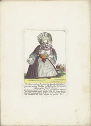 De dwerg Mademoiselle Poupon, als Parijse schone, ca. 1710
Mademoiselle Poupone, chamada a beleza parisiense, alguma filha da famosa advogada parlamentar Monsr. Chican (título sobre o objecto)
Il Callotto resurcitato ou Cabine Anã recém mobiliada