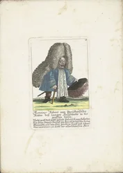 De dwerg Robert von Parukenfeldt, ca. 1710
Monsieur Robert von Parukenfeldt, Cavaleiro do Pescoço Longo na Grande Galla (título sobre o objecto)
Il Callotto resurcitato oder Neu eingerichtes Zwerchen Cabinet (título da série)