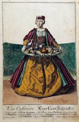 Uma cafeteira: uma jovem mulher carregando uma bandeja carregada com um serviço de café. Gravura de Martin Engelbrecht (1684-1756) Século XVIII. Paris, Artes Decorativas