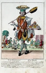 Um cozinheiro. Gravura de Martin Engelbrecht (1684-1756), em "New assembly of the manouvries habilles", século XVIII, Alemanha. Paris, Artes Decorativas