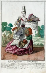 Um cozinheiro. Gravura de Martin Engelbrecht (1684-1756), em "New assembly of the manouvries habilles", século XVIII, Alemanha. Paris, Artes Decorativas