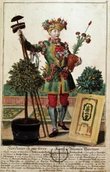 Um jardineiro. Gravura de Martin Engelbrecht (1684-1756), em "New assembly of the manouvries habilles", século XVIII, Alemanha. Paris, Artes Decorativas