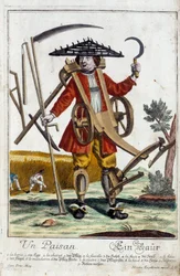 Um camponês. Gravura de Martin Engelbrecht (1684-1756), em "New assembly of the manouvries habilles", século XVIII, Alemanha. Paris, Artes Decorativas