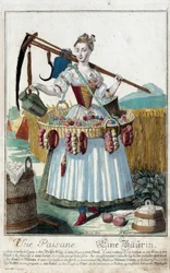 Uma mulher camponesa. Gravura de Martin Engelbrecht (1684-1756), em "New assembly of the manouvries habilles", século XVIII, Alemanha. Paris, Artes Decorativas.