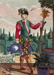 Jardineiro, gravura de Assemblage des nouveau manouvries habilles de Martin Engelbrecht (1684-1756), Alemanha