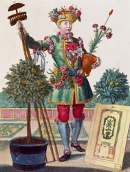 Jardineiro, gravura de Assemblage des nouveau manouvries habilles de Martin Engelbrecht (1684-1756), Alemanha