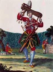 Fabricante de flautas, gravura de Assemblage des nouveau manouvries habilles de Martin Engelbrecht (1684-1756), Alemanha