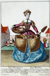 Metier: Um padeiro. Gravura de Martin Engelbrecht (1684-1756), em "New assembly of the manouvries habilles", século XVIII, Alemanha. Paris, Artes Decorativas