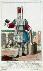 Metier: Um encadernador de livros. Gravura de Martin Engelbrecht (1684-1756), em "New assembly of the manouvries habilles", século XVIII, Alemanha. Paris, Artes Decorativas