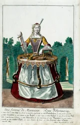 Metier: A mulher de um carpinteiro. Gravura de Martin Engelbrecht (1684-1756), em "New assembly of the manouvries habilles", século XVIII, Alemanha. Paris, Artes Decorativas