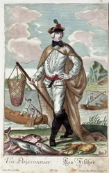 Metier: Um piscicultor. Gravura de Martin Engelbrecht (1684-1756), em "New assembly of the manouvries habilles", século XVIII, Alemanha. Paris, Artes Decorativas