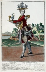 Metier: Um peixe-dourado. Gravura de Martin Engelbrecht (1684-1756), em "New assembly of the manouvries habilles", século XVIII, Alemanha. Paris, Artes Decorativas