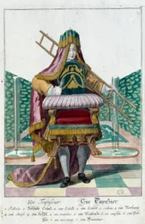Metier: Um estofado. Gravura de Martin Engelbrecht (1684-1756), em "New assembly of the manouvries habilles", século XVIII, Alemanha. Paris, Artes Decorativas