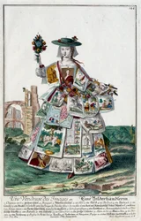 Metier: Uma vendedora de imagens. Gravura de Martin Engelbrecht (1684-1756), em "New assembly of the manouvries habilles", século XVIII, Alemanha. Paris, Artes Decorativas