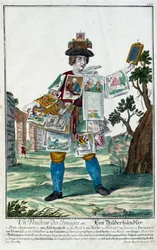 Metier: Um vendedor de imagens. Gravura de Martin Engelbrecht (1684-1756), em "New assembly of the manouvries habilles", século XVIII, Alemanha. Paris, Artes Decorativas