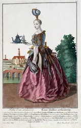 Metier: Mulher de um peixinho dourado. Gravura de Martin Engelbrecht (1684-1756), em "New assembly of the manouvries habilles", século XVIII, Alemanha. Paris, Artes Decorativas