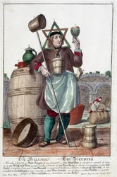 Representação de uma cervejaria com uma fonte, um copo, um jarro, um balde, um barril, um maço, uma tigela, um brocado, uma caldeira. Gravura de Martin Engelbrecht (1684-1756)