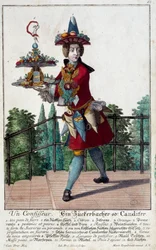 O doceiro: um jovem segurando uma bandeja de doces e confeitaria. Gravura de Martin Engelbrecht (1684-1756) Século XVIII. Paris, Artes Decorativas