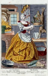 O cozinheiro. Gravura de Martin Engelbrecht (1684-1756), em "New assembly of the manouvries habilles", século XVIII, Alemanha. Paris, Artes Decorativas