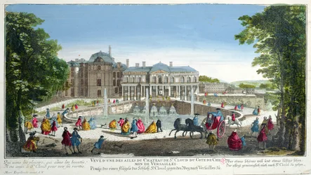 Vista, de, a, chateau, de, Saint-Cloud, perto, versalhes, meio, 18º século, (color, engraving)