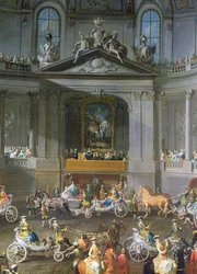Uma Cavalgada na Escola de Equitação de Inverno do Hof de Viena para celebrar a derrota do Exército Francês em Praga, mostrando o retrato equestre do Imperador Carlos VI, detalhe de 1743 de 67400, ver também 665