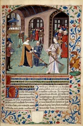Alegoria da Virtude: vassalo prestando homenagem ao seu senhor na presença da Virtude. Miniatura de "O Espírito da Fortuna e da Virtude" de Martin Le Franc (1410-1461) 1447-1448, Paris B.N.