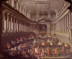 Carrossel do manège espanhol de Viena para celebrar a derrota francesa em Praga em 1763, Marie Therese da Áustria (1717-1780) está representada no cavalo branco Pintura da escola de Martin Meytens (1695-1770) Viena do século XVIII. Kunsthistorische Mus