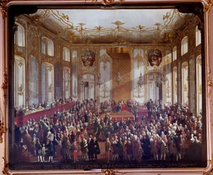 Marie Therese da Áustria (1717-1780) na cerimônia de instituição da Ordem de Santo Estêvão em 1764 Pintura de Martin van Meytens (1695-1770) 1764 Viena. Museu Kunsthistorische - Maria Teresa da Áustria (1717-1780) durante a cerimônia de investidura da Orde