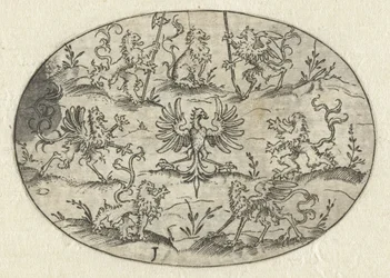 Oval com águia rodeada de leões e criaturas de fantasia
Nev Thier Bvechlein (título da série)