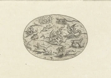 Oval com répteis, felinos e criaturas fantásticas Nev Thier Bvechlein (título da série)