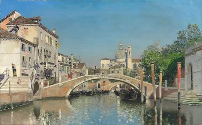 Um canal veneziano com gôndolas, Santa Maria Della Salute além (óleo sobre tela)
