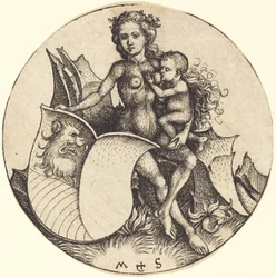 Escudo com cabeça de leão, segurado pela mulher selvagem