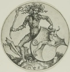 Escudo com um galgo, agarrado por um homem selvagem