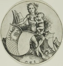 Escudo com cabeça de leão, segurado por uma mulher selvagem