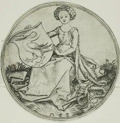 Escudo com um cisne, segurado por uma senhora sentada