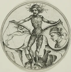 Dois escudos com uma lebre e uma cabeça de mouro, segurados por um homem selvagem
