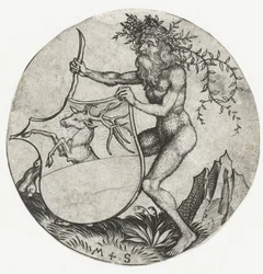 Brasão com um veado, segurado por um homem selvagem com um clube Figuras com brasões (título da série)