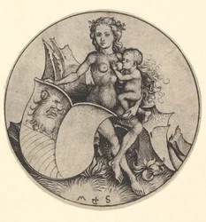 Mulher selvagem, segurando um escudo com uma cabeça de leões, ca. 1435-1491.
