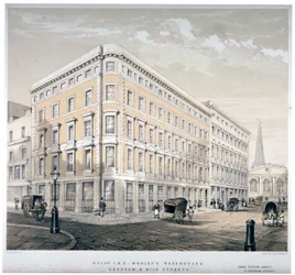 Armazéns dos Srs. J&R Morley, esquina da Milk Street e Gresham Street, Londres, c1840