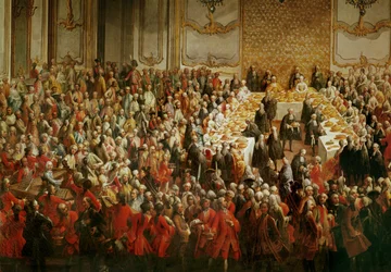 Jantar de gala em honra do casamento do príncipe herdeiro José e da princesa Isabel de Parma, no Palácio de Schoenbrunn, em Viena, em ...