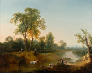 Cavaleiros e pescadores numa paisagem fluvial