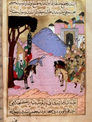 O profeta Maomé, com o rosto oculto, tenta convencer os mequenses a esperar em Medina pela chegada dos exércitos inimigos dos Coraixitas (ou Koraixitas). Combaterão na batalha de Uhud. Miniatura de «Siyer-i Nebi»